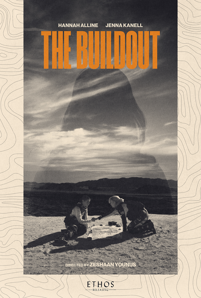 Movie poster for "The Buildout," featuring an image of the two lead actresses, Hannah Alline and Jenna Kanell, sitting in front of a desert vista